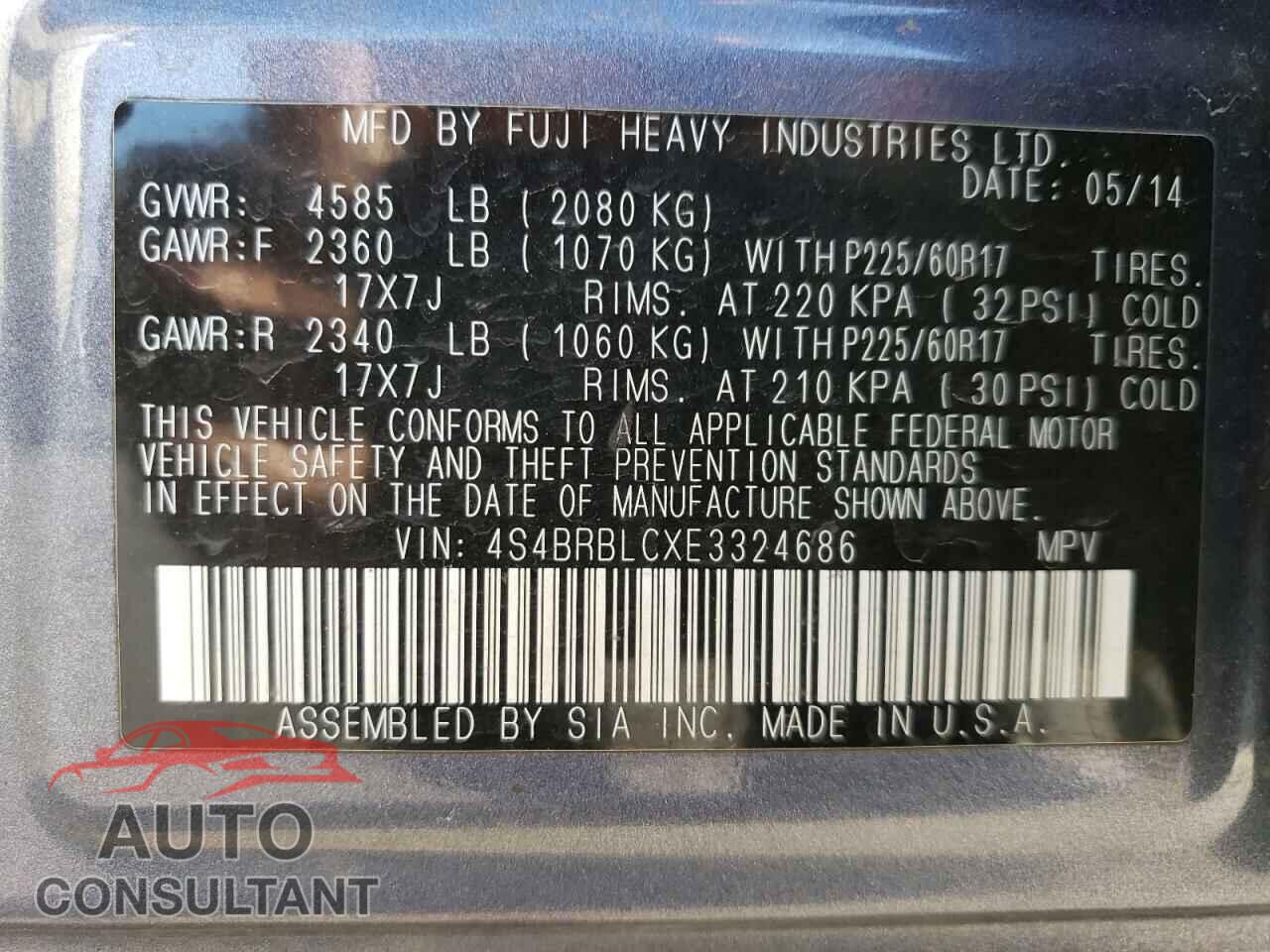 SUBARU OUTBACK 2014 - 4S4BRBLCXE3324686