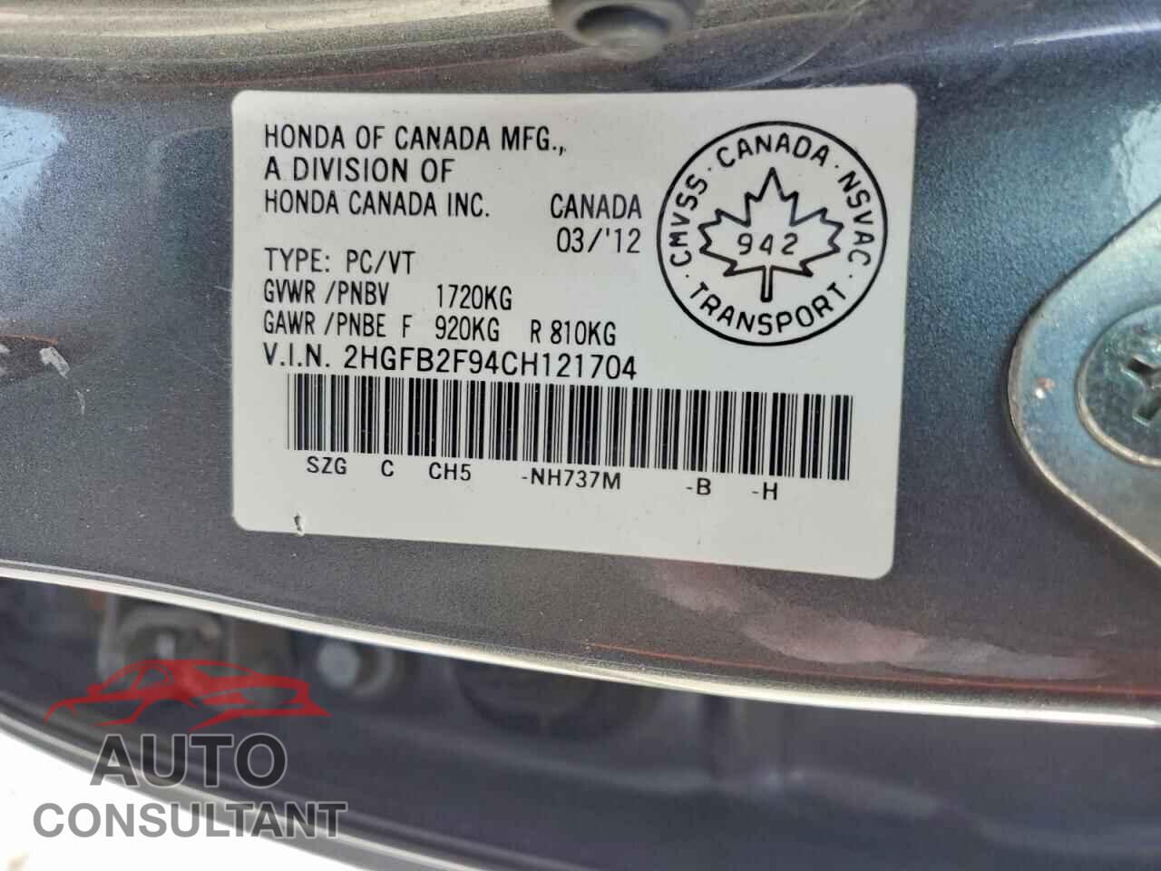 HONDA CIVIC 2012 - 2HGFB2F94CH121704
