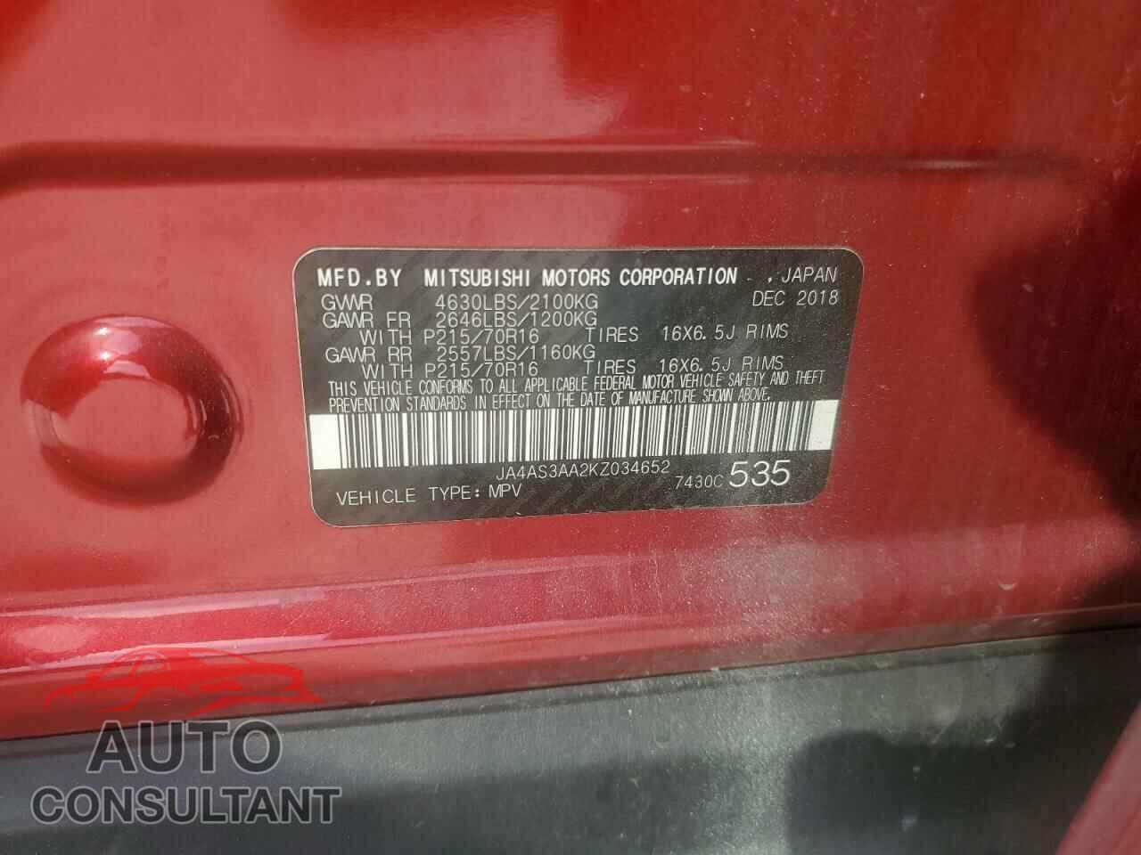 MITSUBISHI ECLIPSE 2019 - JA4AS3AA2KZ034652