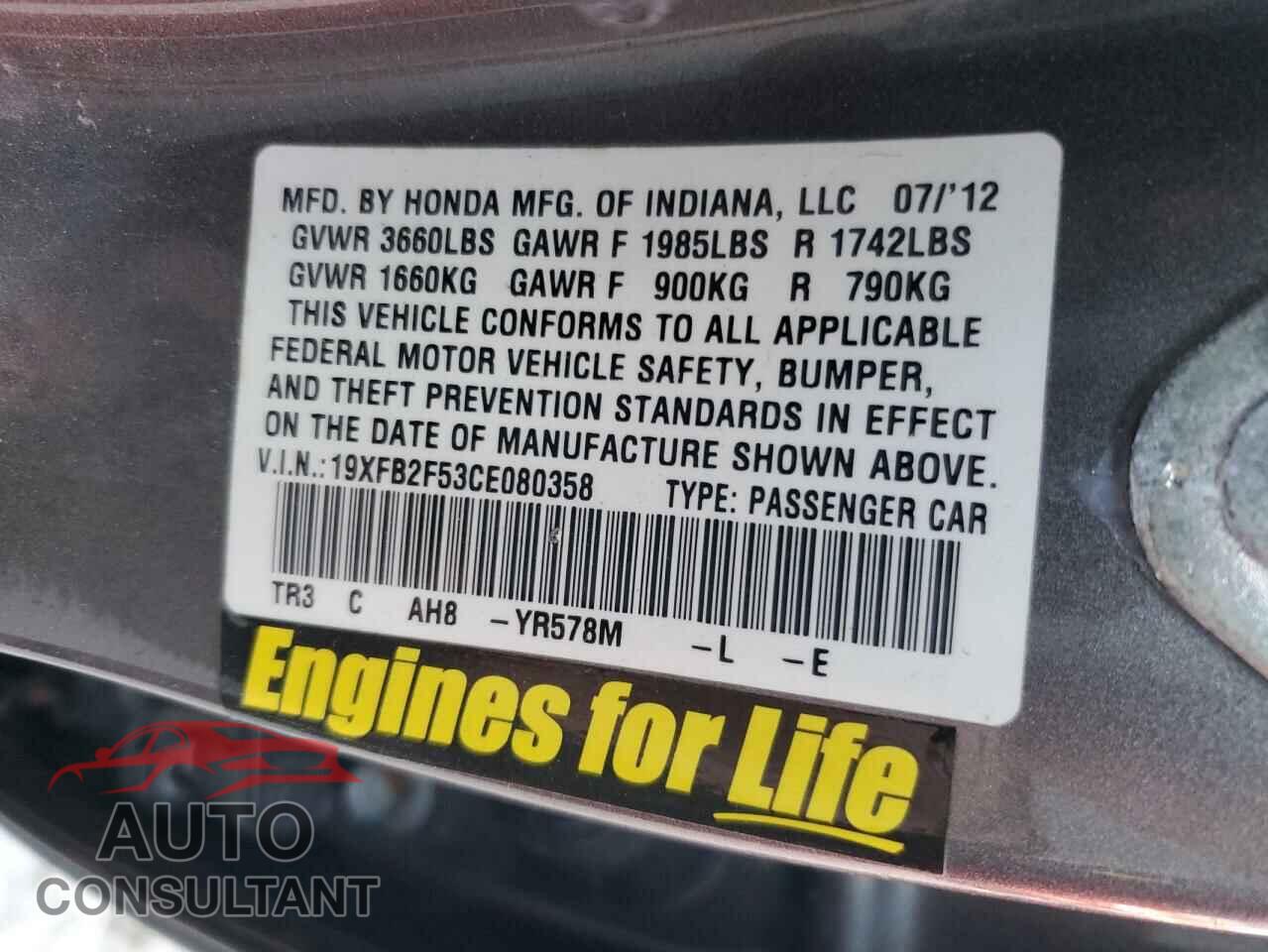 HONDA CIVIC 2012 - 19XFB2F53CE080358