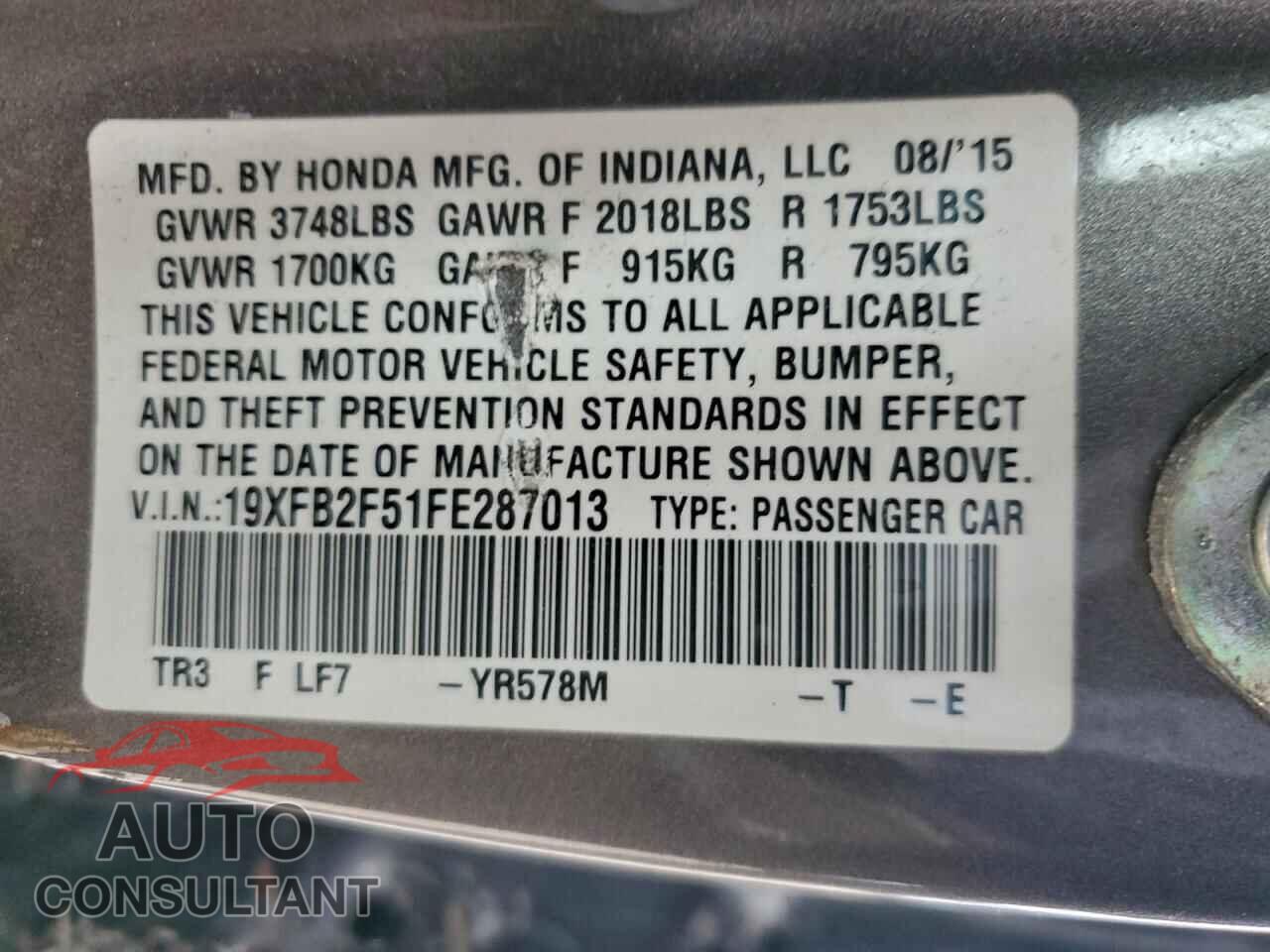 HONDA CIVIC 2015 - 19XFB2F51FE287013