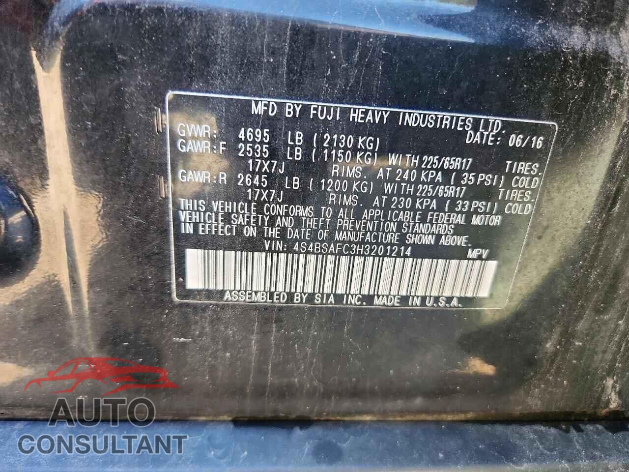SUBARU OUTBACK 2017 - 4S4BSAFC3H3201214