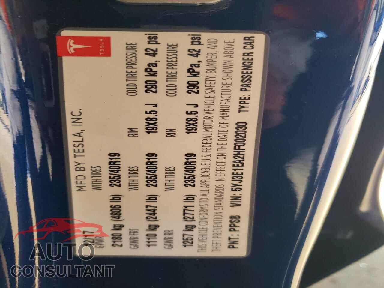 TESLA MODEL 3 2017 - 5YJ3E1EA2HF002030
