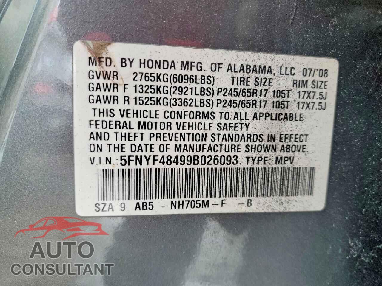 HONDA PILOT 2009 - 5FNYF48499B026093