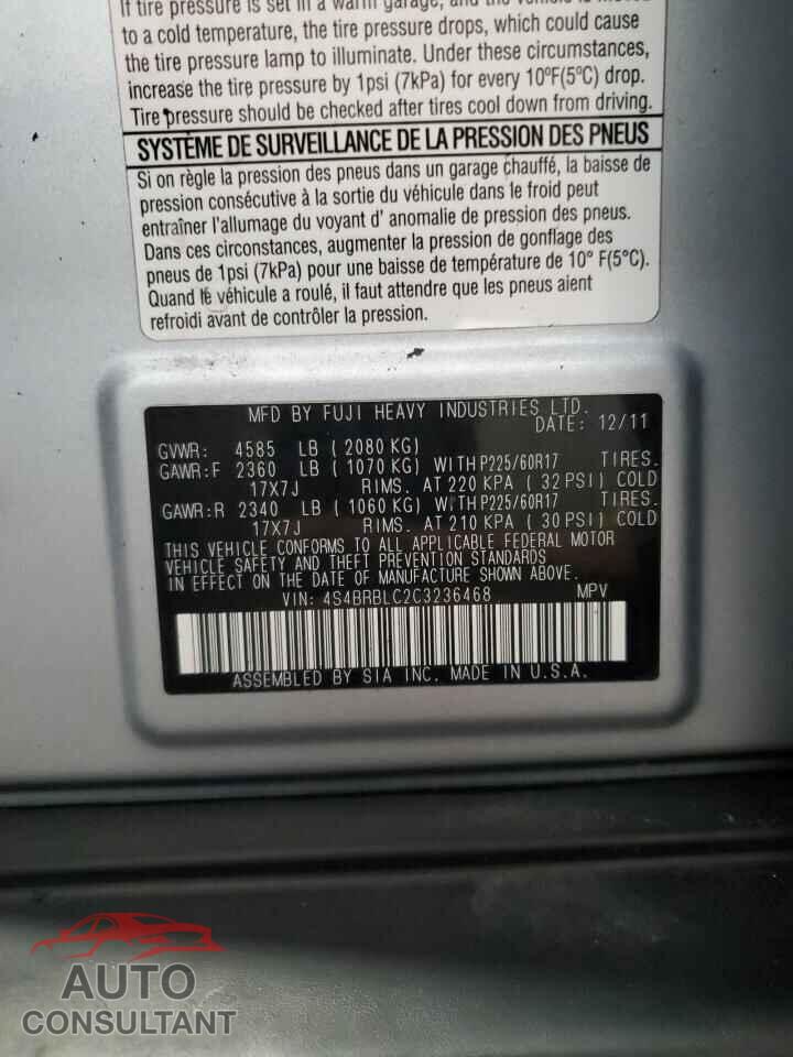 SUBARU OUTBACK 2012 - 4S4BRBLC2C3236468