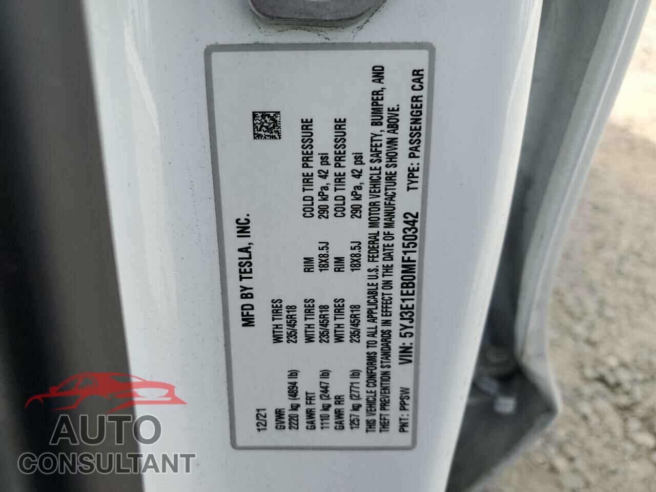 TESLA MODEL 3 2021 - 5YJ3E1EB0MF150342