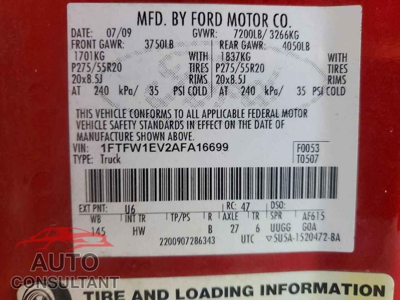 FORD F150 2010 - 1FTFW1EV2AFA16699
