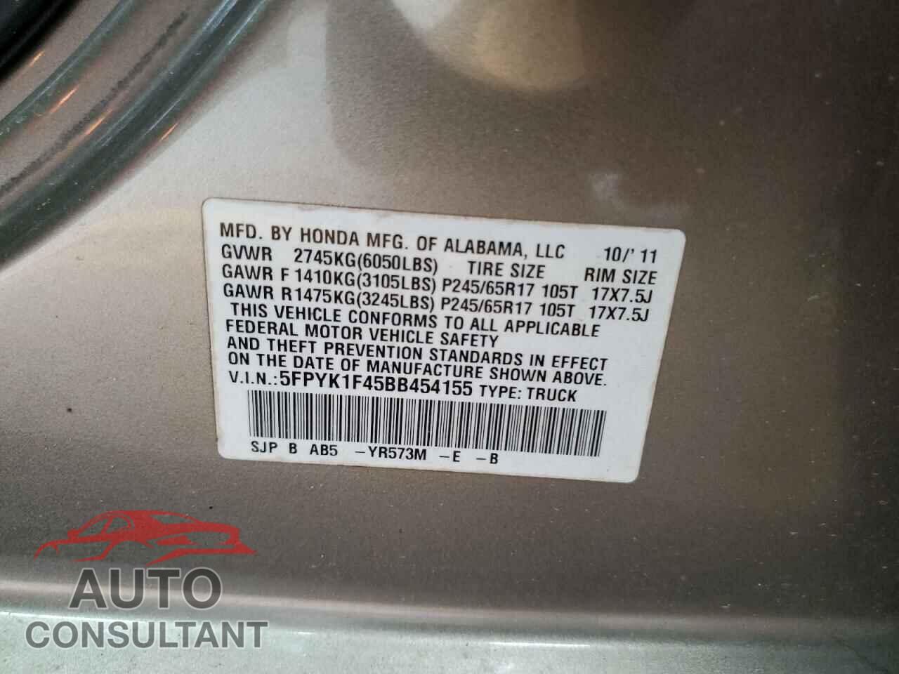 HONDA RIDGELINE 2011 - 5FPYK1F45BB454155