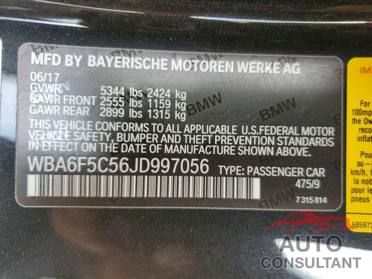 BMW 6 SERIES 2018 - WBA6F5C56JD997056