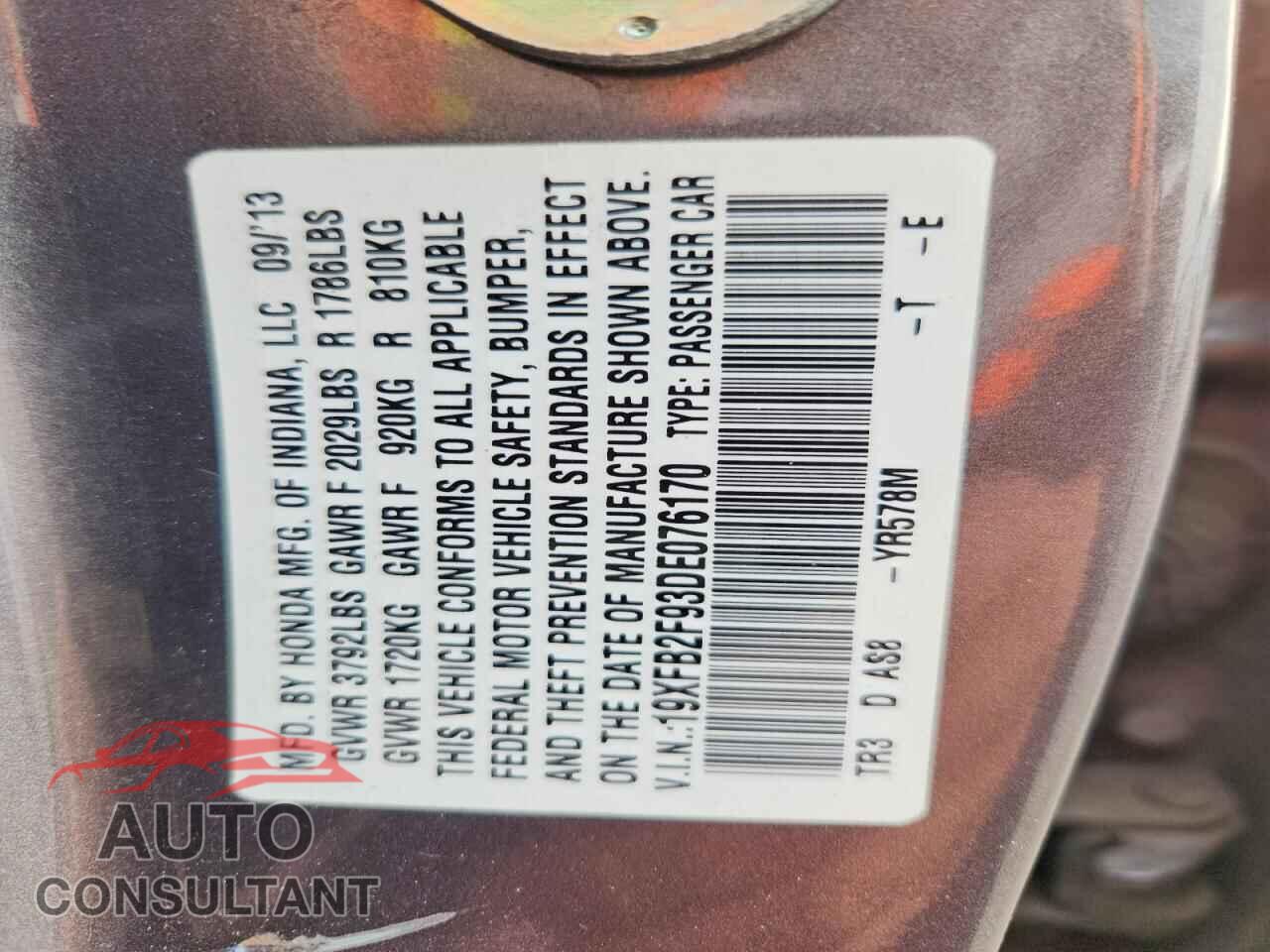 HONDA CIVIC 2013 - 19XFB2F93DE076170