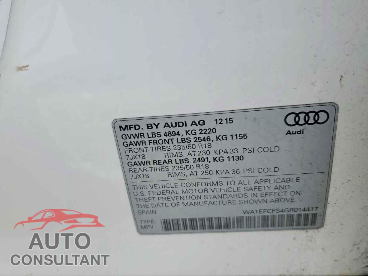 AUDI Q3 2016 - WA1EFCFS4GR014417
