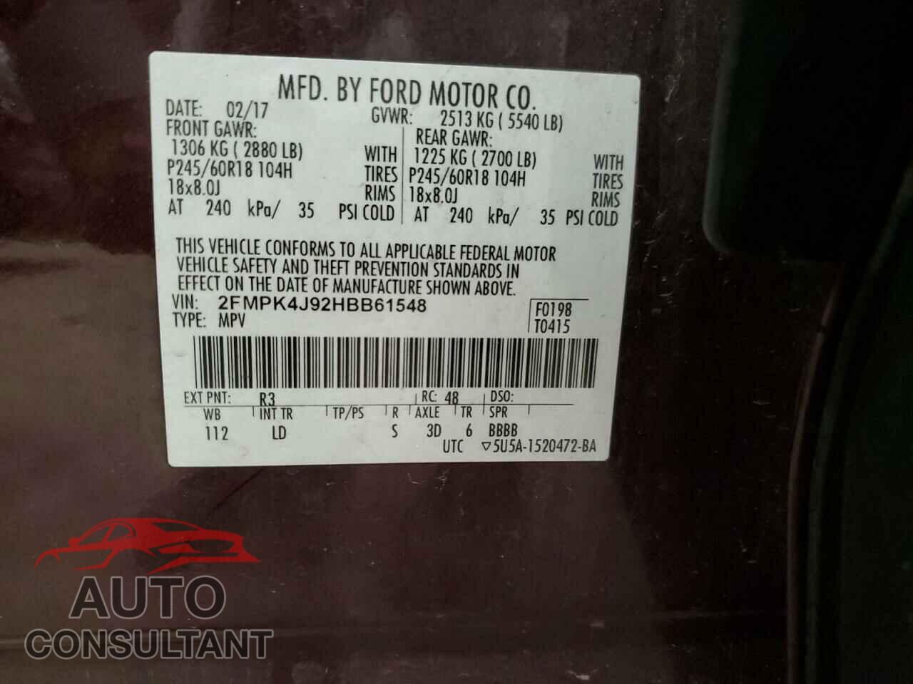 FORD EDGE 2017 - 2FMPK4J92HBB61548