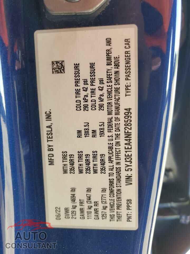 TESLA MODEL 3 2022 - 5YJ3E1EA4NF285994