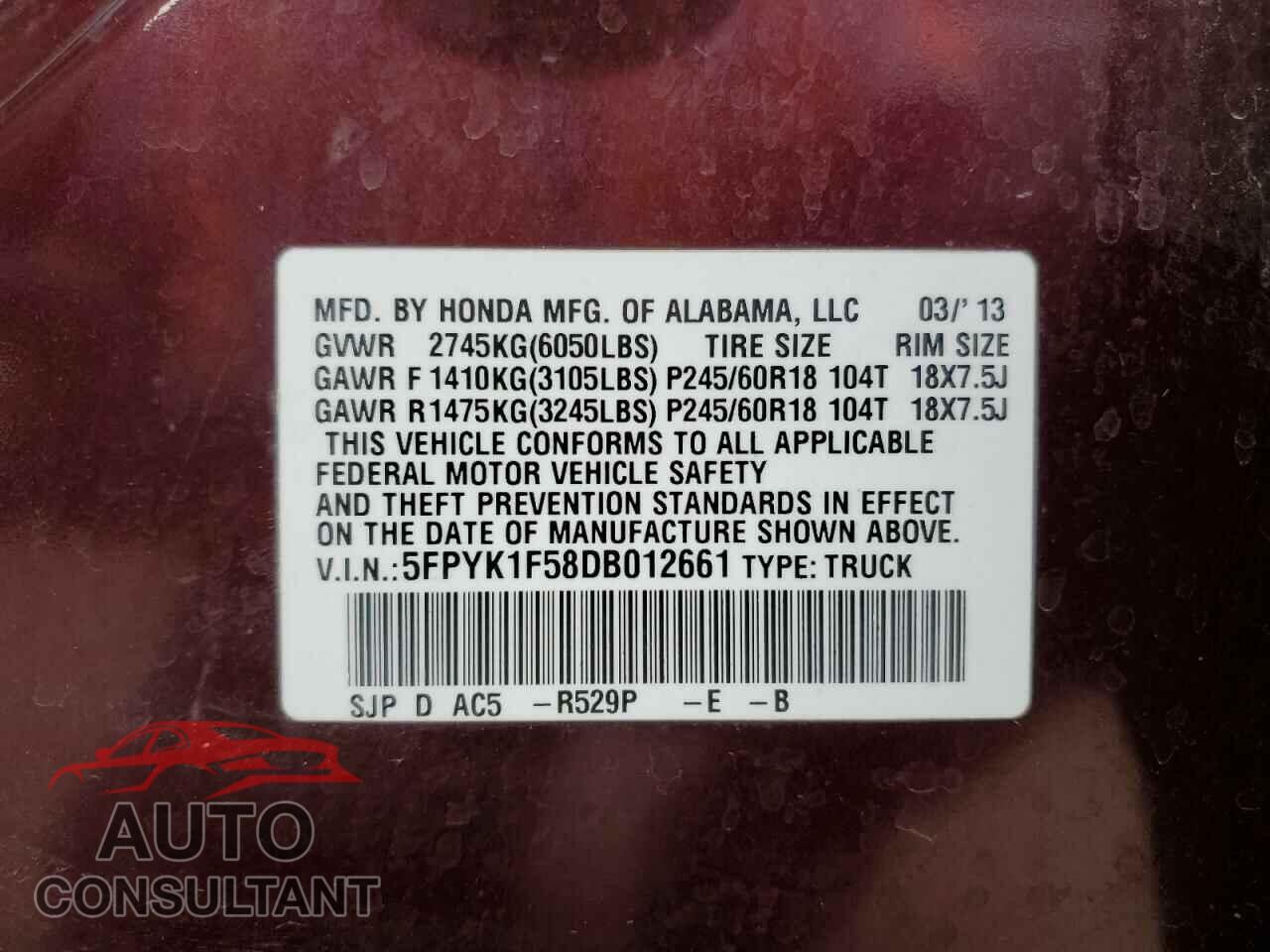 HONDA RIDGELINE 2013 - 5FPYK1F58DB012661