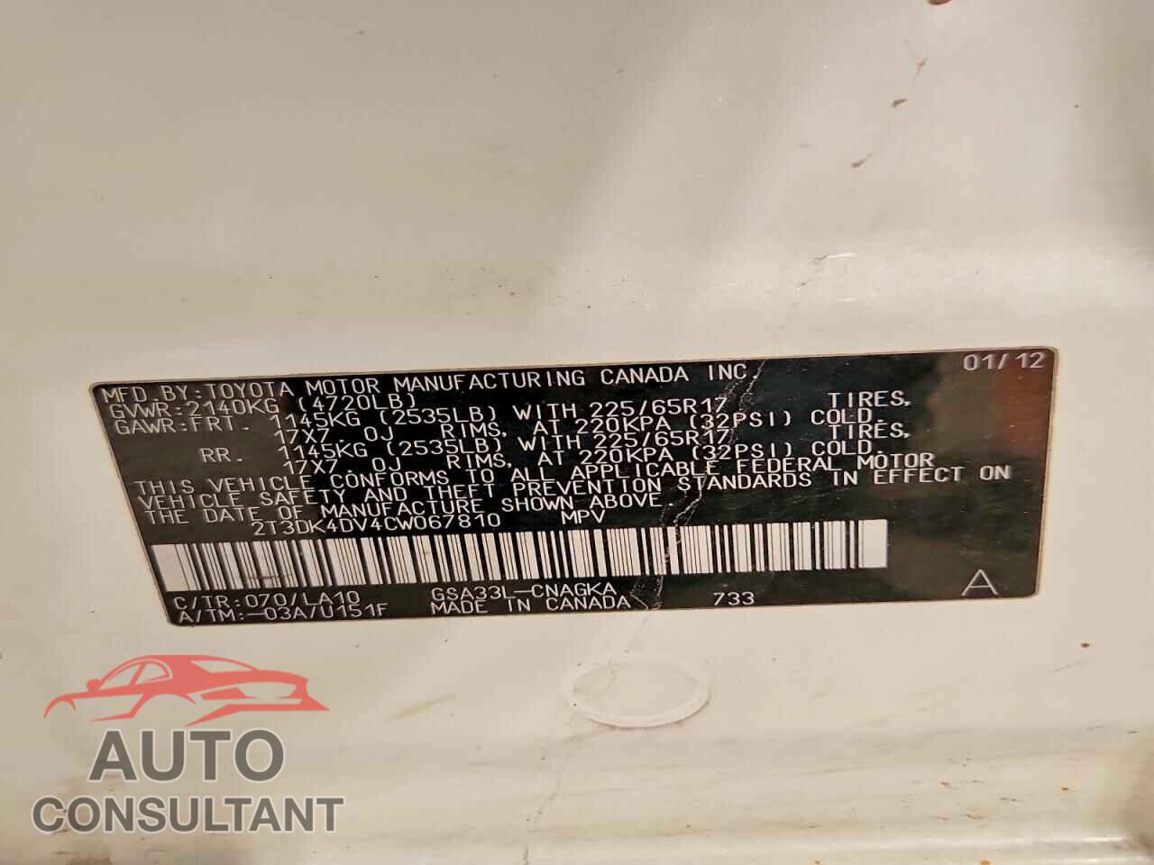 TOYOTA RAV4 2012 - 2T3DK4DV4CW067810