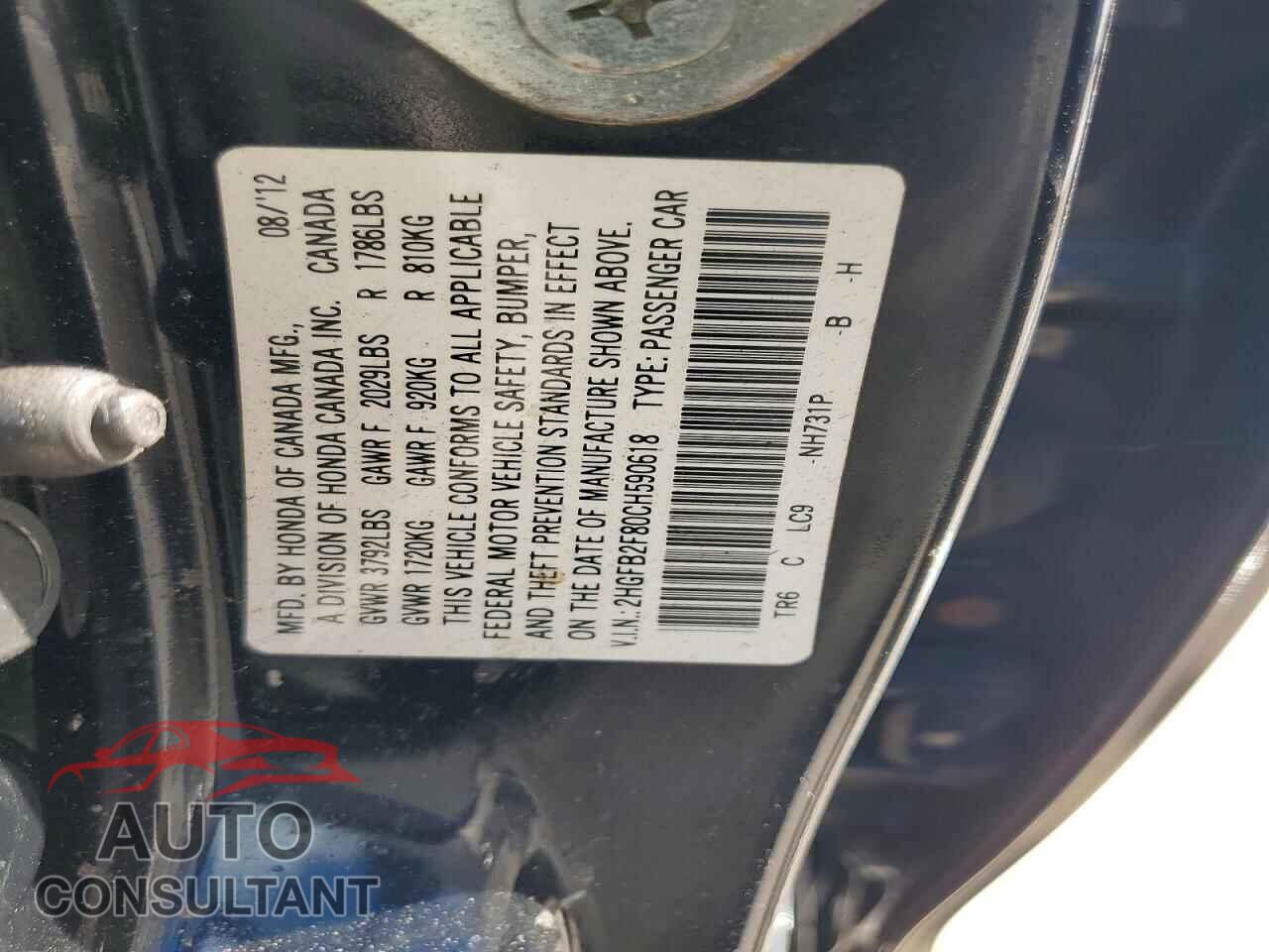 HONDA CIVIC 2012 - 2HGFB2F80CH590618