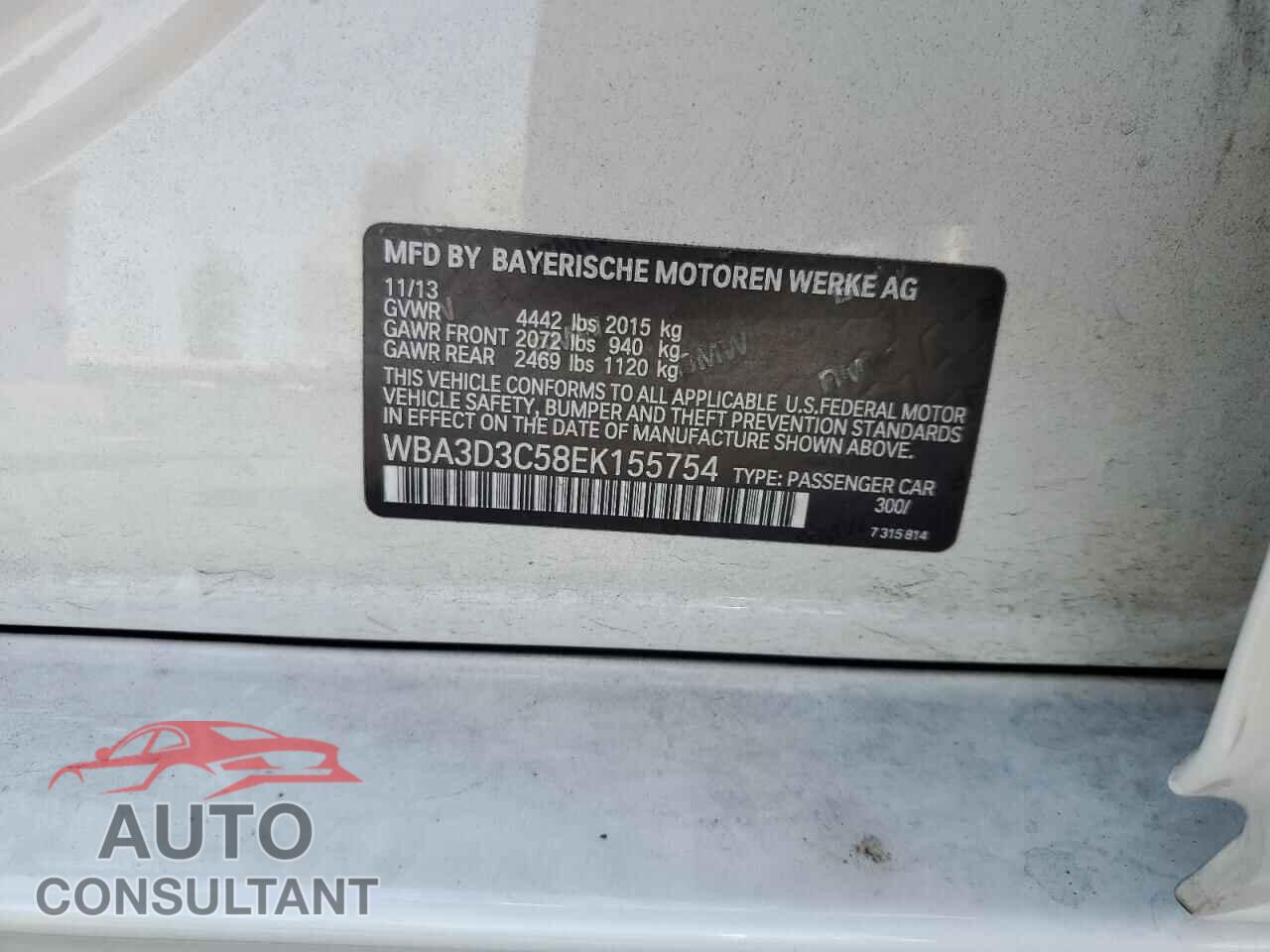 BMW 3 SERIES 2014 - WBA3D3C58EK155754