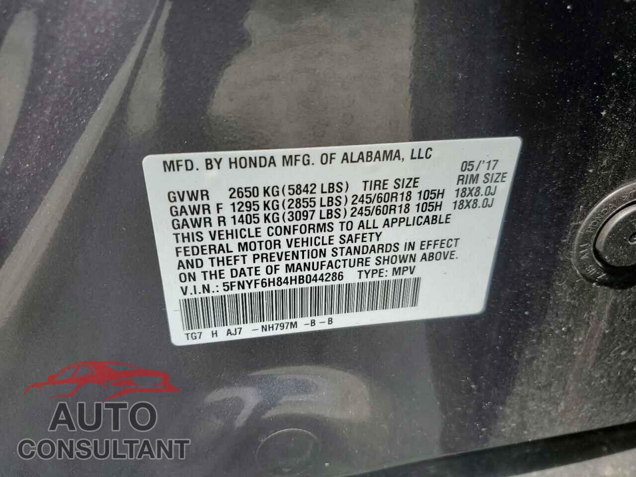 HONDA PILOT 2017 - 5FNYF6H84HB044286