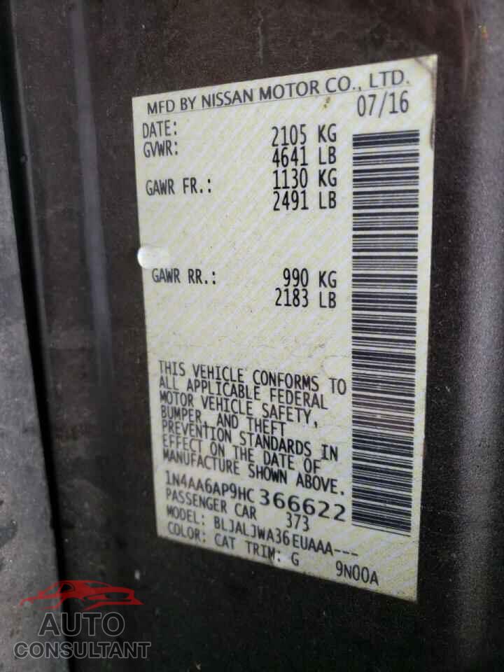 NISSAN MAXIMA 2017 - 1N4AA6AP9HC366622