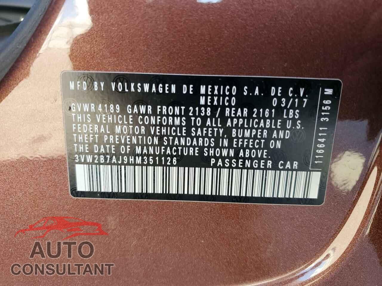 VOLKSWAGEN JETTA 2017 - 3VW2B7AJ9HM351126