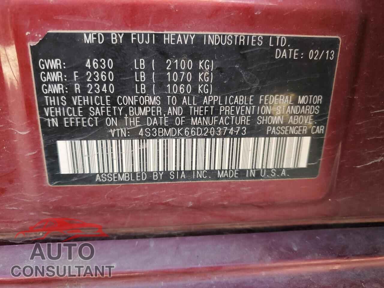 SUBARU LEGACY 2013 - 4S3BMDK66D2037473