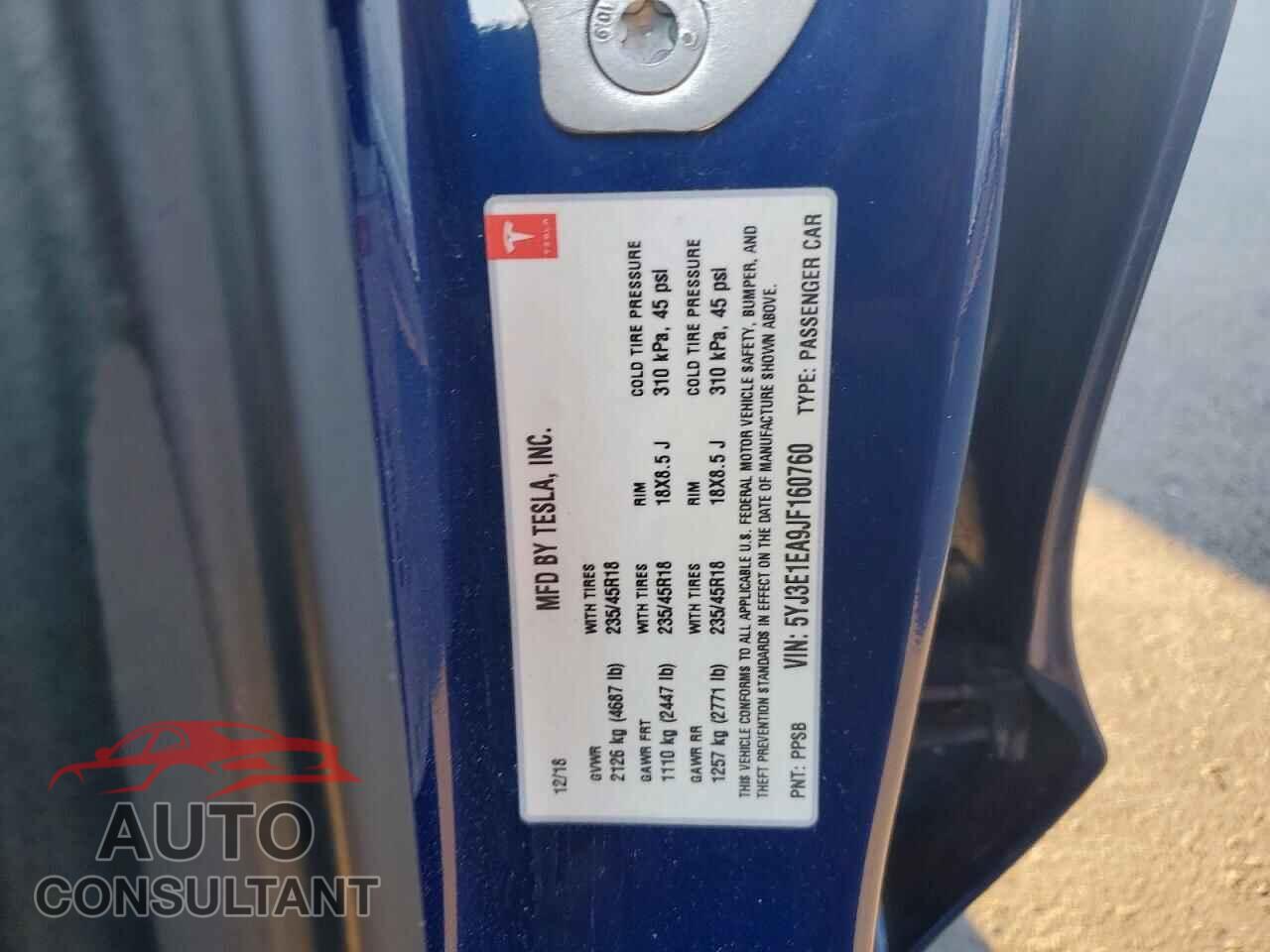 TESLA MODEL 3 2018 - 5YJ3E1EA9JF160760