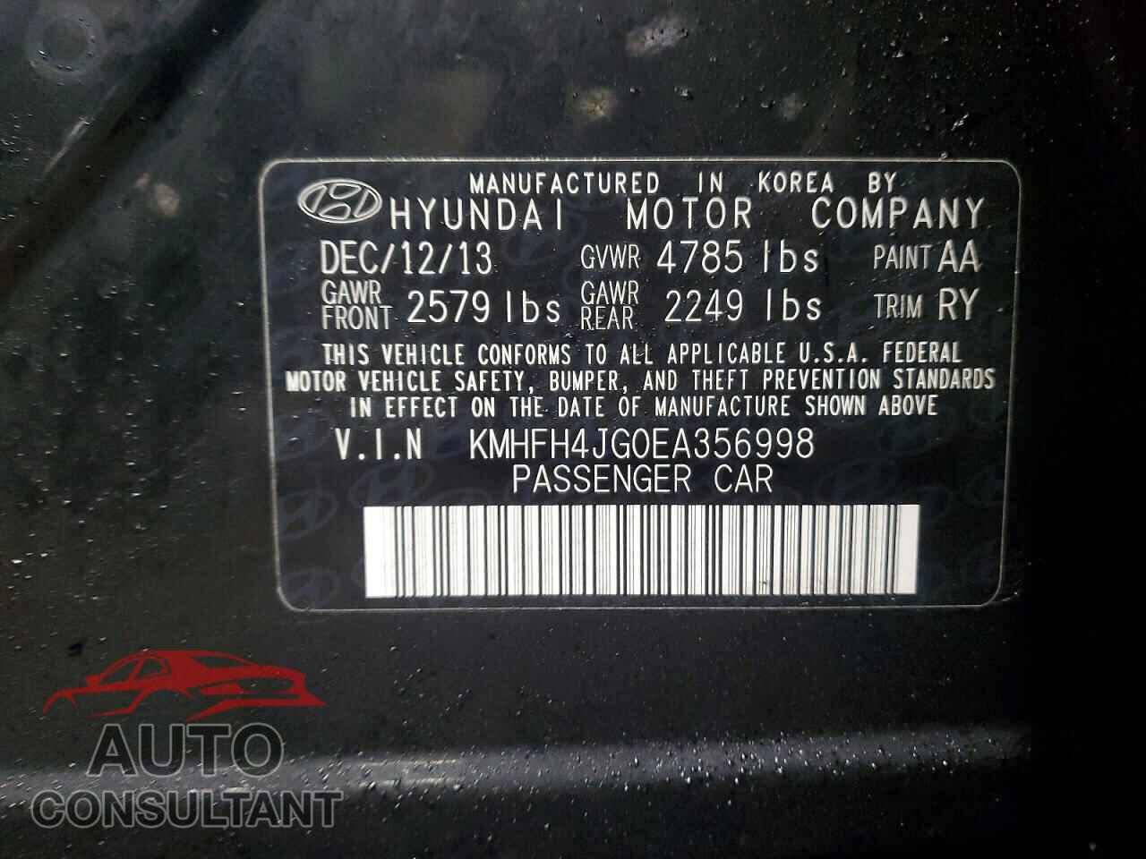 HYUNDAI AZERA 2014 - KMHFH4JG0EA356998