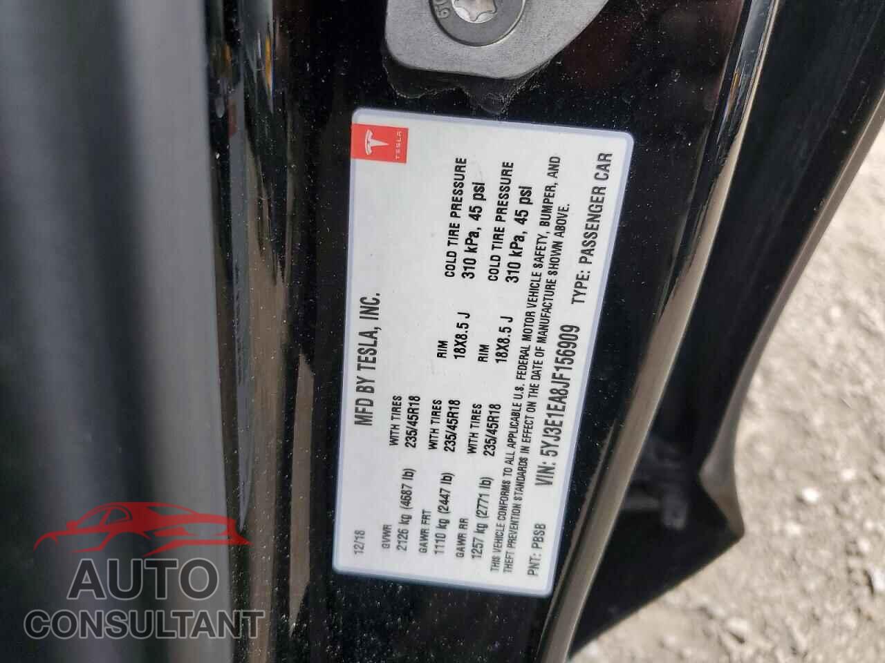 TESLA MODEL 3 2018 - 5YJ3E1EA8JF156909
