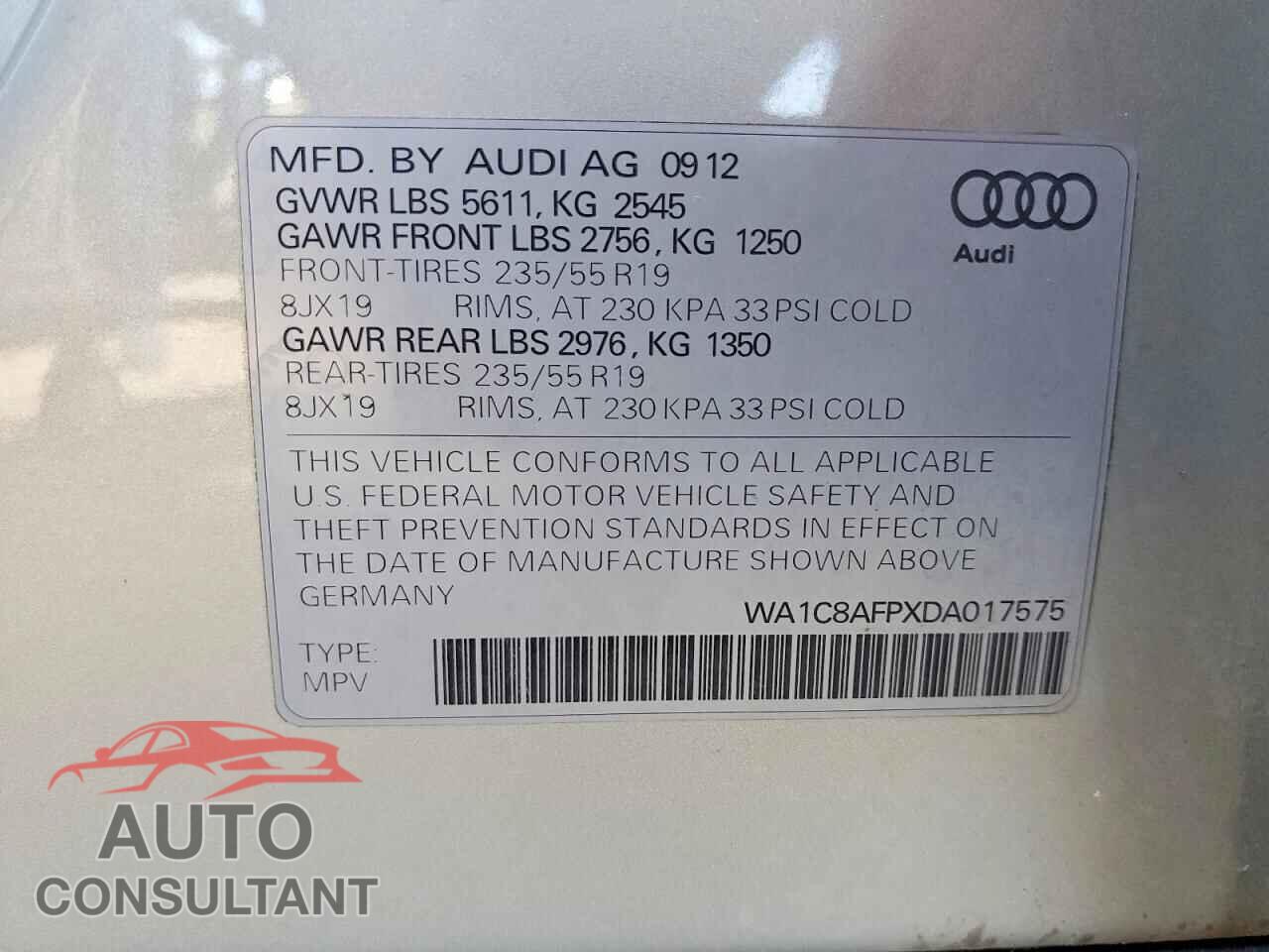 AUDI Q5 2013 - WA1C8AFPXDA017575