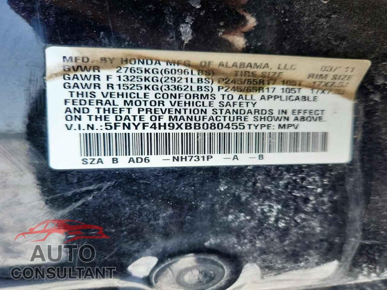 HONDA PILOT 2011 - 5FNYF4H9XBB080455