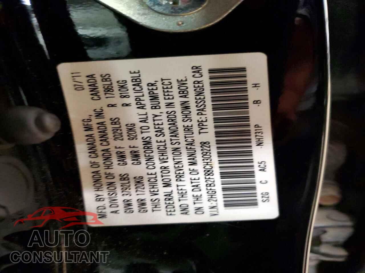 HONDA CIVIC 2012 - 2HGFB2F88CH309228