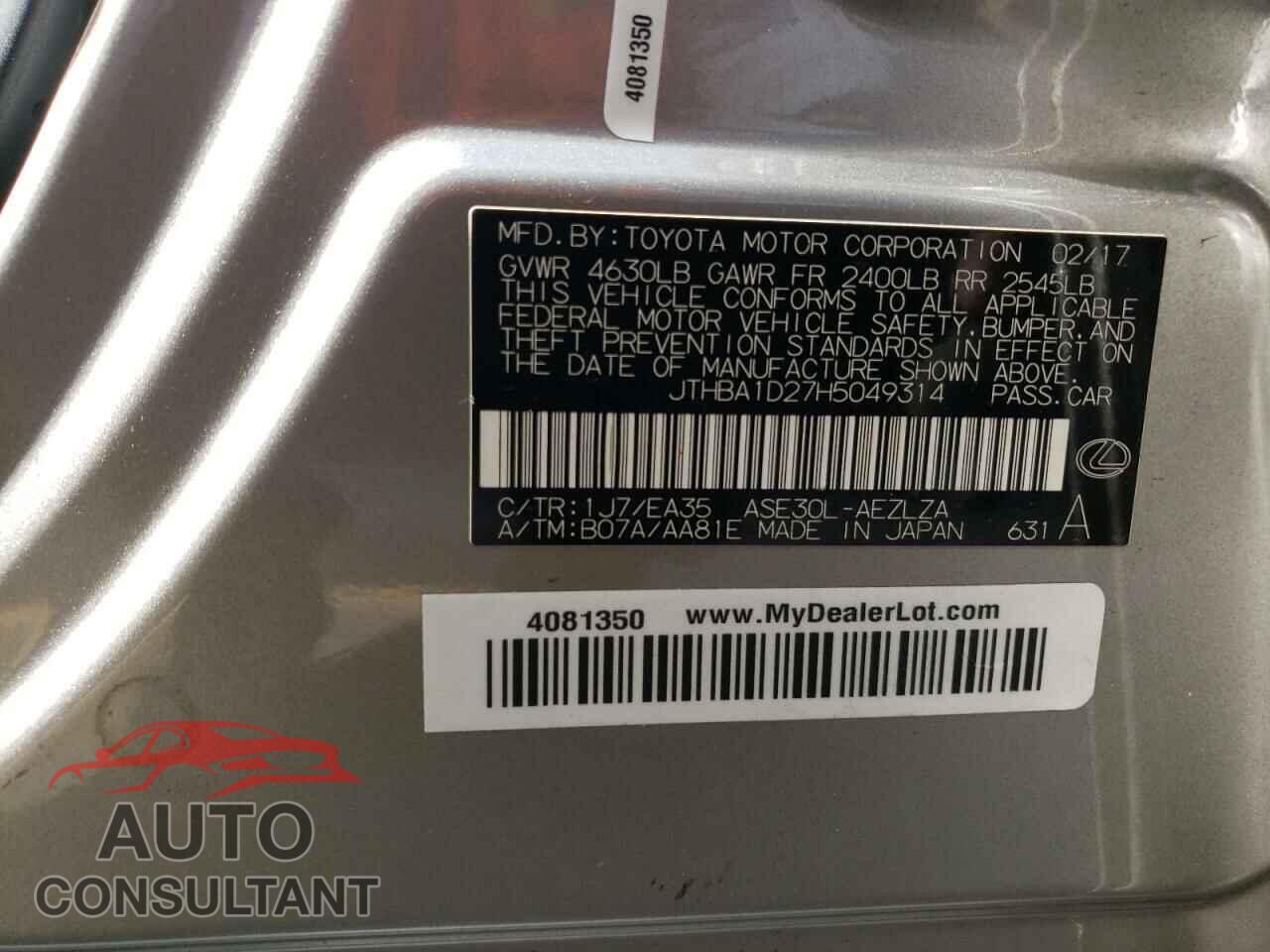 LEXUS IS 2017 - JTHBA1D27H5049314