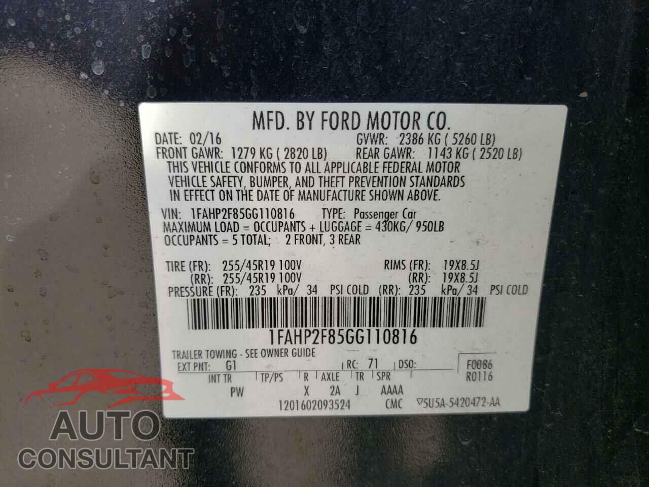 FORD TAURUS 2016 - 1FAHP2F85GG110816