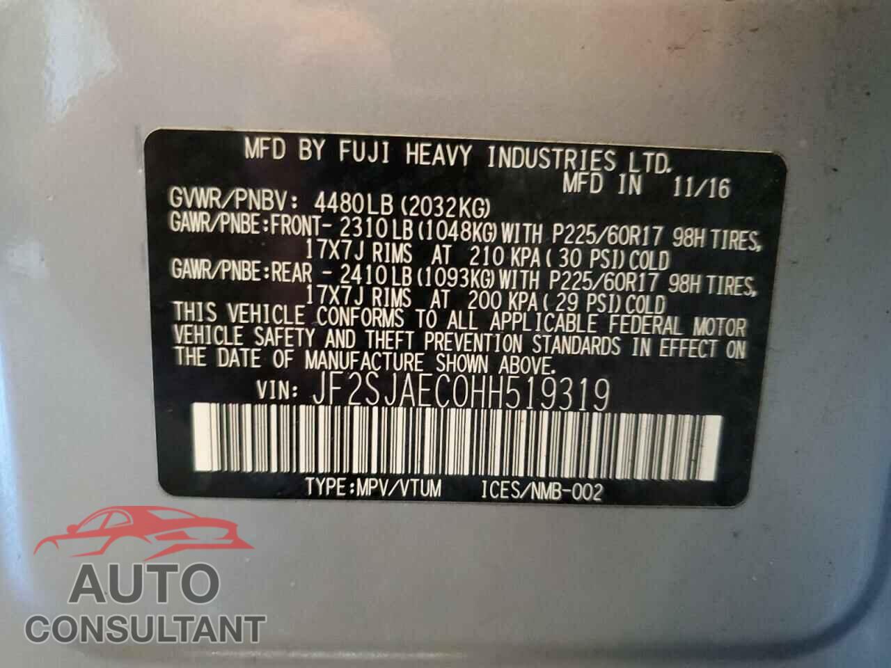 SUBARU FORESTER 2017 - JF2SJAEC0HH519319