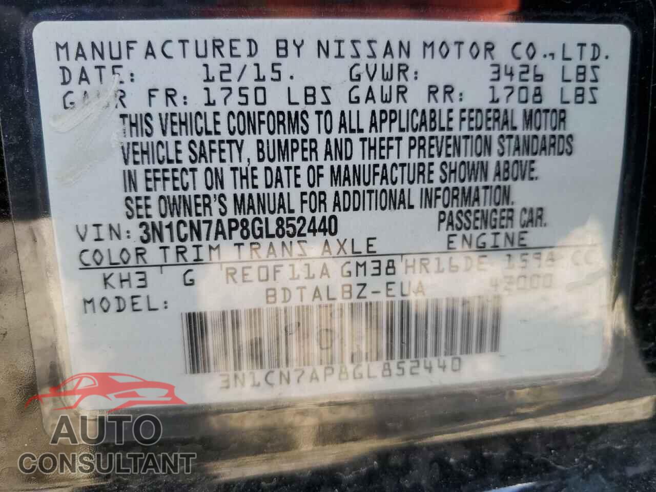 NISSAN VERSA 2016 - 3N1CN7AP8GL852440