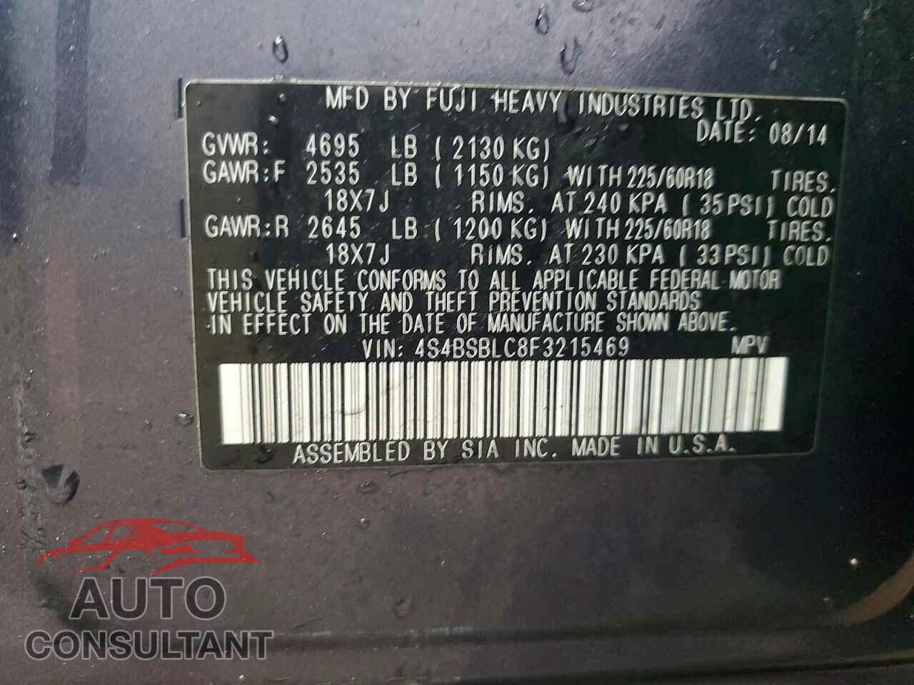 SUBARU OUTBACK 2015 - 4S4BSBLC8F3215469