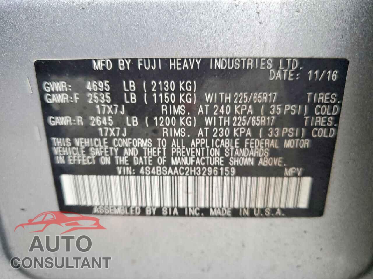 SUBARU OUTBACK 2017 - 4S4BSAAC2H3296159