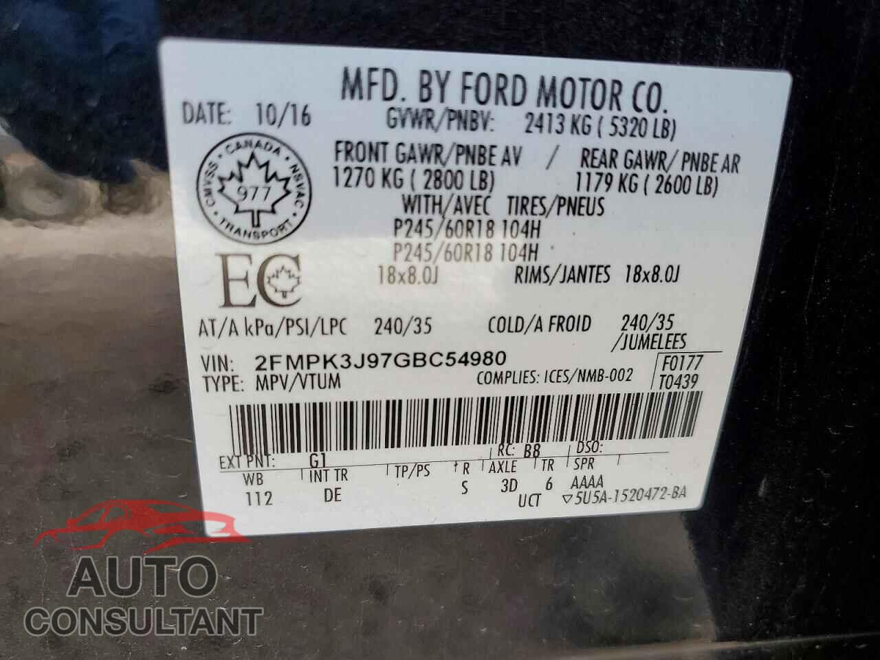 FORD EDGE 2016 - 2FMPK3J97GBC54980