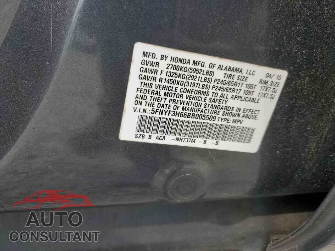 HONDA PILOT 2011 - 5FNYF3H66BB005509