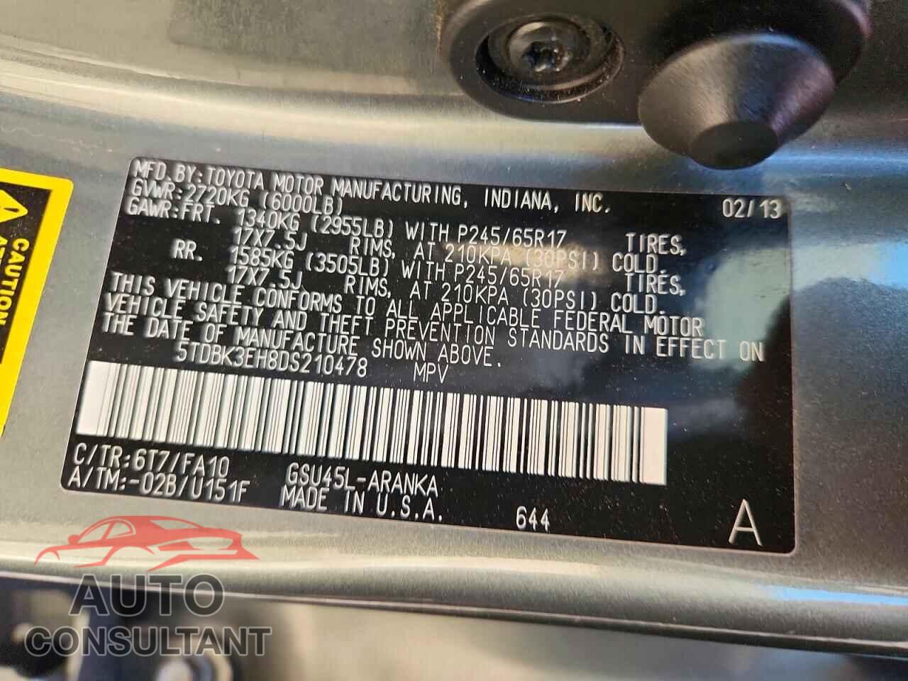 TOYOTA HIGHLANDER 2013 - 5TDBK3EH8DS210478