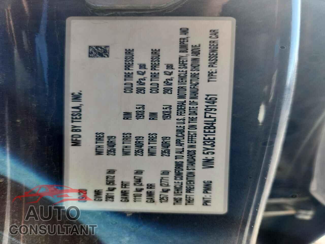 TESLA MODEL 3 2020 - 5YJ3E1EB4LF791461
