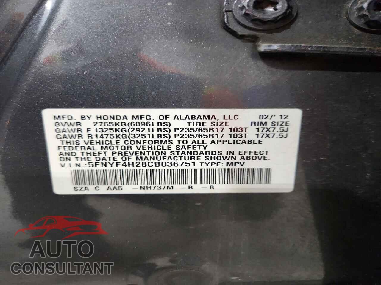 HONDA PILOT 2012 - 5FNYF4H28CB036751
