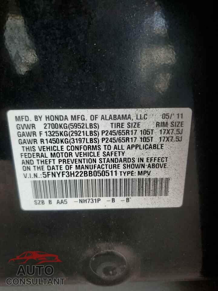 HONDA PILOT 2011 - 5FNYF3H22BB050511
