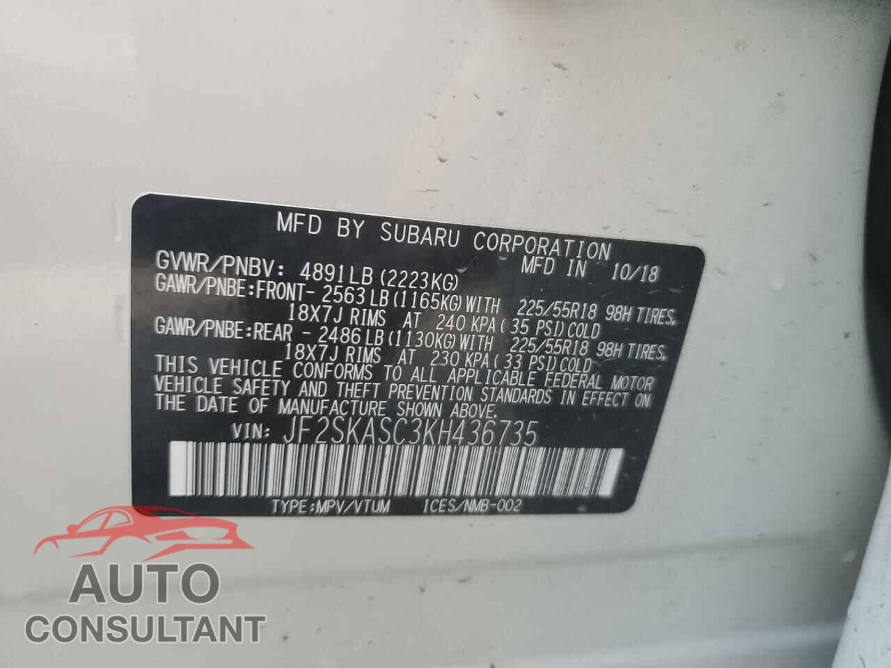 SUBARU FORESTER 2019 - JF2SKASC3KH436735