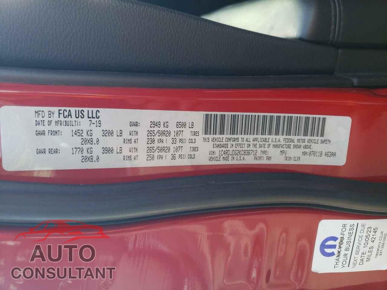 DODGE DURANGO 2019 - 1C4RDJDG2KC836712