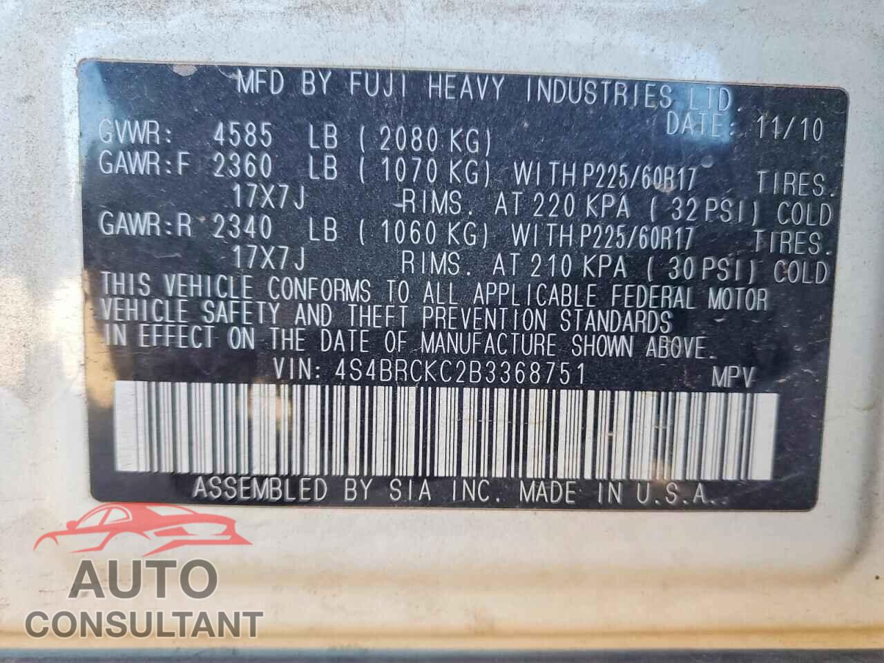 SUBARU OUTBACK 2011 - 4S4BRCKC2B3368751