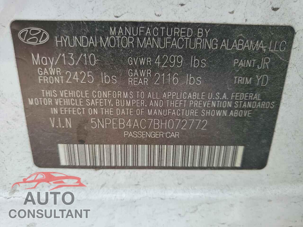 HYUNDAI SONATA 2011 - 5NPEB4AC7BH072772