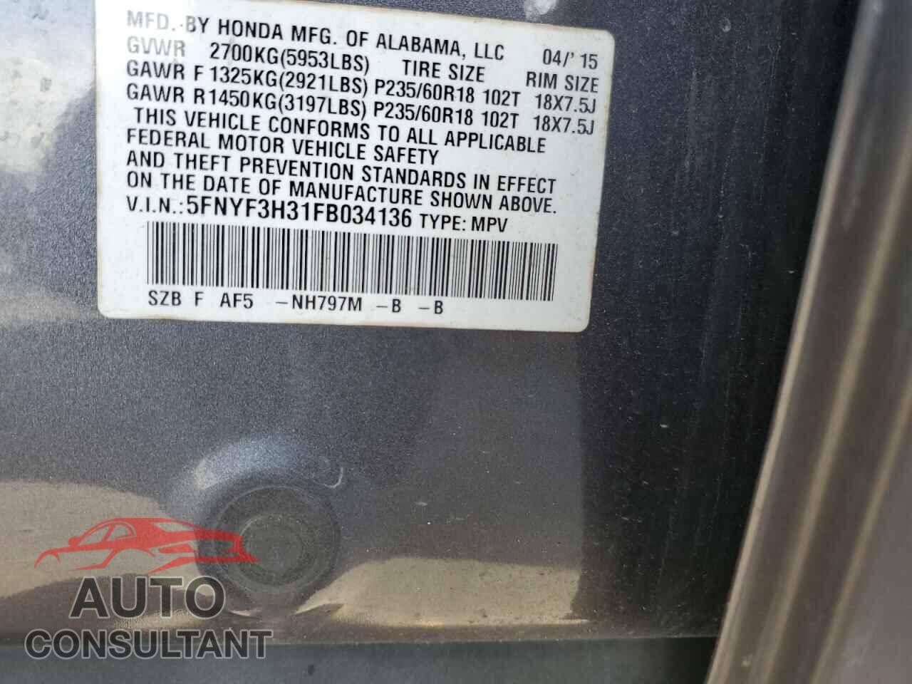 HONDA PILOT 2015 - 5FNYF3H31FB034136