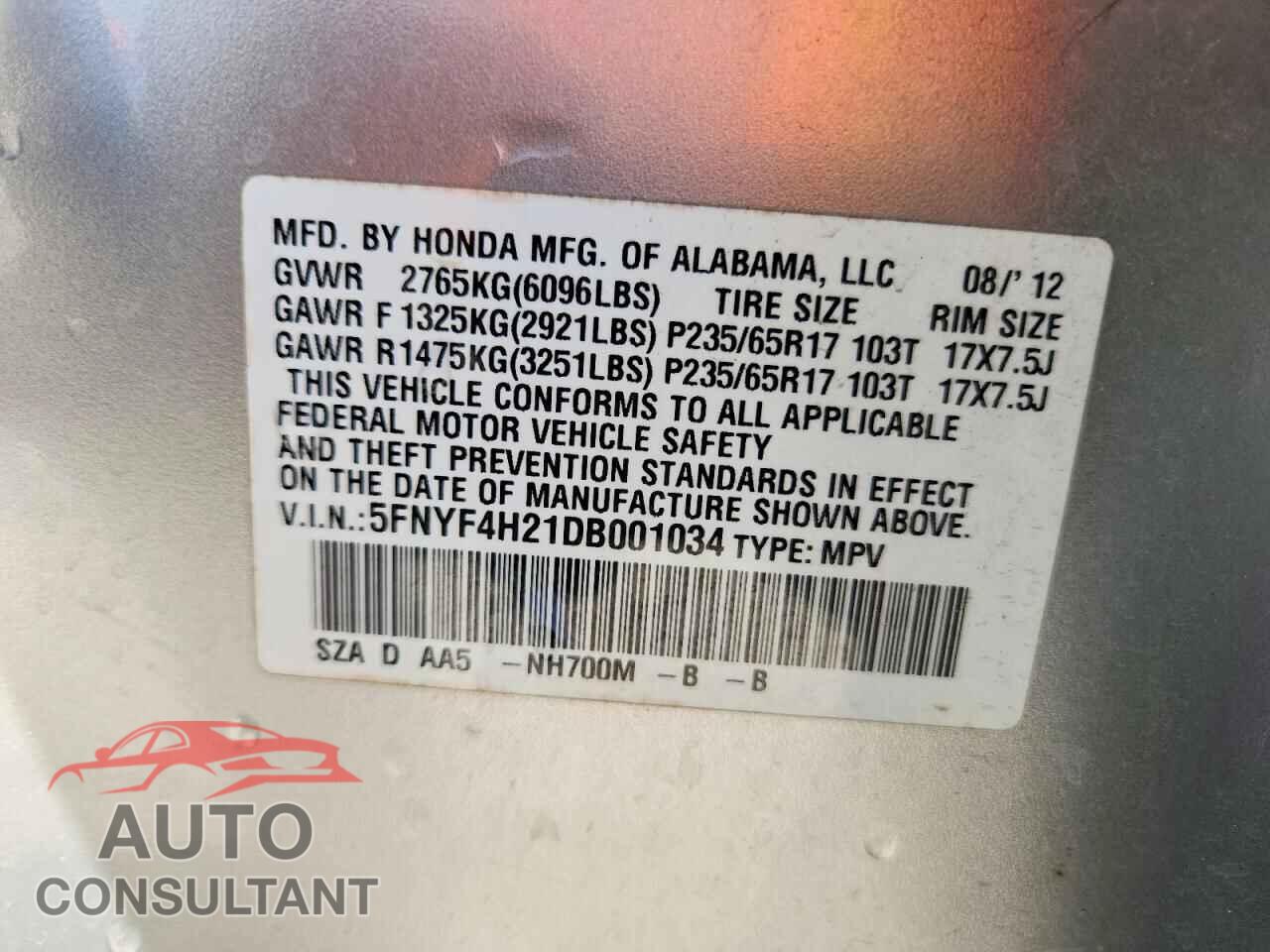 HONDA PILOT 2013 - 5FNYF4H21DB001034