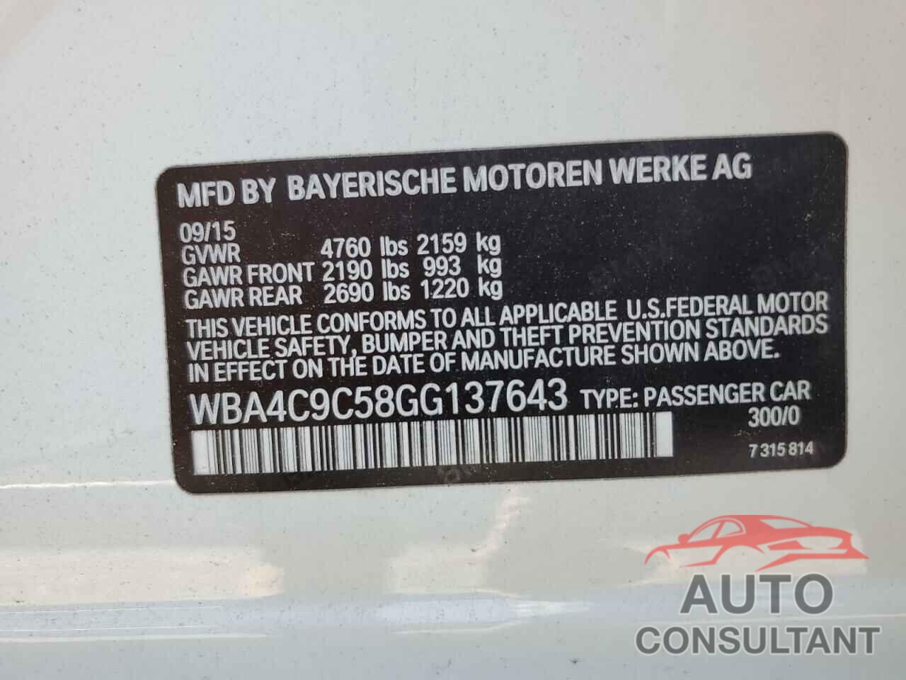 BMW 4 SERIES 2016 - WBA4C9C58GG137643